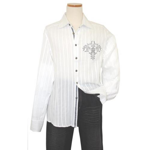 Saint Cado "Signature" White With Self Stripes And Embroidery Long Sleeves 100% Cotton Shirt S-2126
